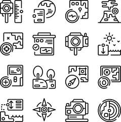 Topography icon set. Includes map, contour lines, elevation, terrain, geography, landscape, and More. Outline icons vector collection