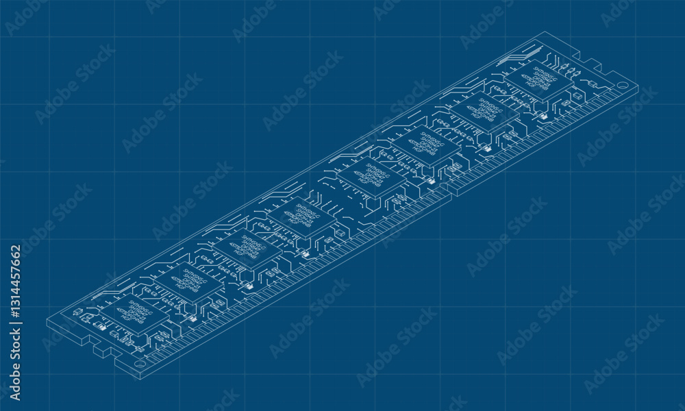 Poster isometric random access memory blueprint. ram memory realistic 3d isometric. computer hardware compo