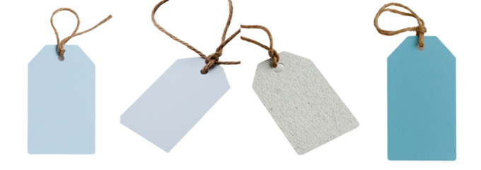 Against a white background, a vibrant blue tag is prominently displayed, making it perfect for labeling and branding needs, and it is also offered as a png with a transparent background