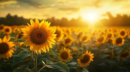 Fototapeta premium Vibrant Sunflowers at Sunset in a Golden Field Summer Nature Photography
