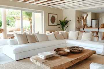 Modern house interior details. Simple cozy beige living room interior with white sofa, decorative pillows, wooden furniture and natural decorations