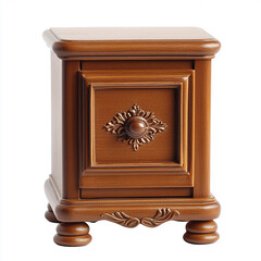 Fototapeta premium Elegant brown wooden nightstand with intricate carving detailing classic bedroom furniture oak home rich dark chic table