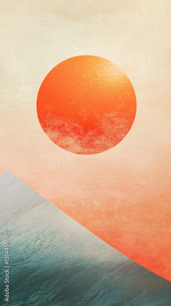 Poster Minimalist abstract background featuring an orange sun over a split teal and peach textured background, creating a serene and modern design