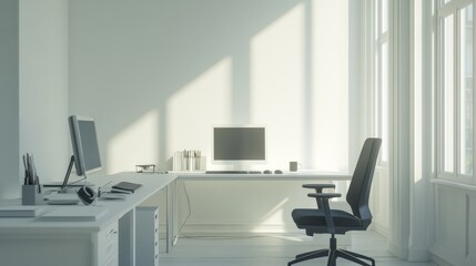 Empty modern office workspace, sunlit room. Possible stock photo use