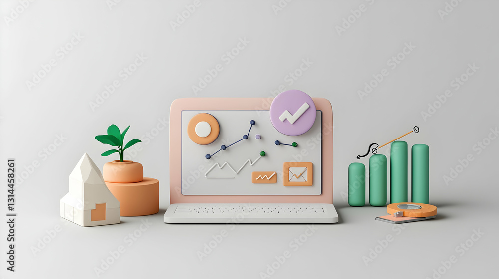 Poster 3d render of laptop displaying business charts and data analytics with pastel colors and minimalist 