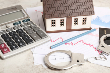 Calculator, model of house and handcuffs on grey background. Debt concept