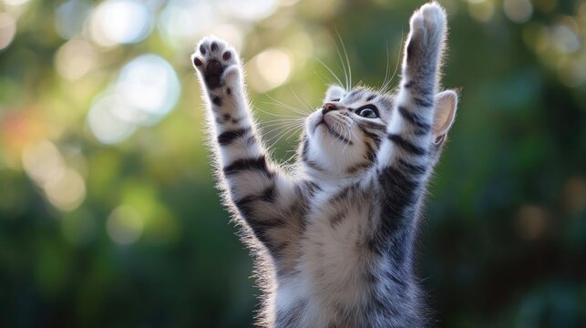 Playful kitten reaching up with paws, curious gaze into the unknown