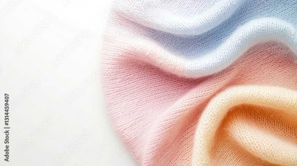 Poster soft pastel knitted fabric in gradient colors displaying texture and gentle wave against white backg