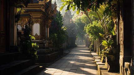 Obraz premium Nyepi Day in Bali, Indonesia, the streets are completely empty and silent, traditional Balinese architecture with ornate temples and lush greenery, sunlight casting long shadows