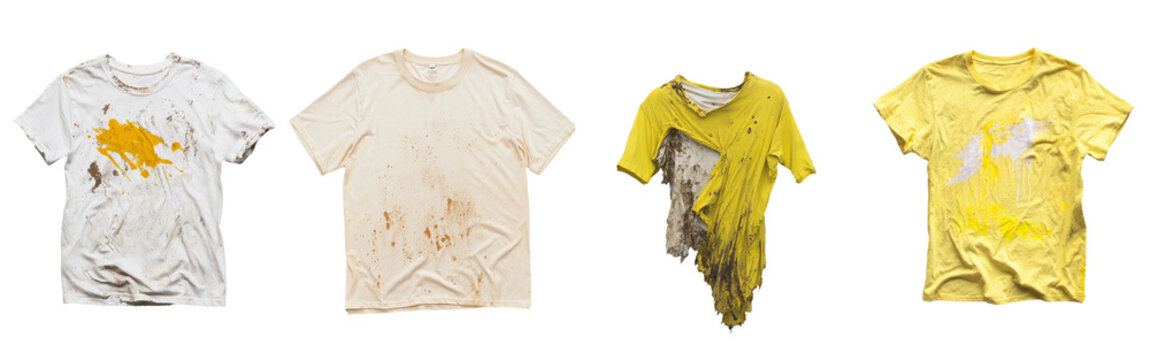 A yellow T shirt, heavily stained and isolated on a transparent background, is suitable for illustrating activities that involve rugged or messy work, provided in png format