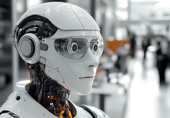 Fototapeta premium Robot with a white face and black eyes stands in a room