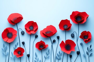Red poppies on blue background. Remembrance Day, Armistice Day, Anzac day symbol. Paper cut art style