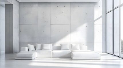 Pristine White Living Room with Modern Design and Bright Natural Light Streaming Through Large Windows