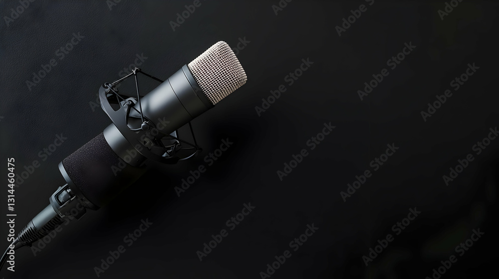 Poster professional black microphone on dark textured background for audio recording and broadcasting