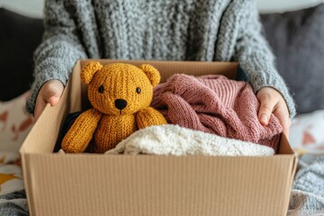 Woman hands collecting donation box with clothes, bed linen, kid toys. Donations for charity, help low income families, declutter, moving moving into new home, recycling, sustainable
