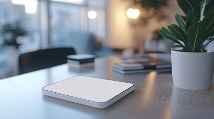 Modern workspace featuring a digital tablet and indoor plant arrangement
