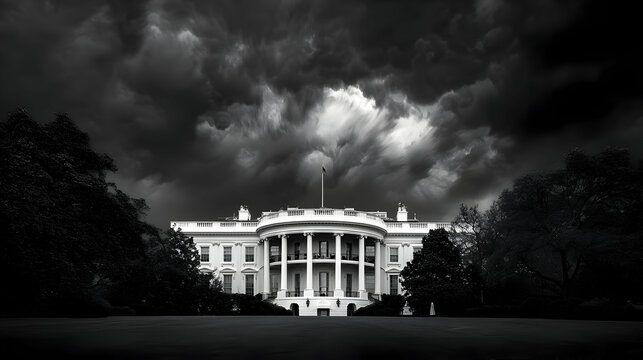 Dramatic Black And White Photography Of The White House Under Ominous Storm Clouds In Washington DC