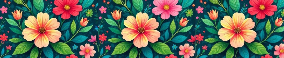 Bright and colorful seamless pattern with blooming flowers and lush greenery, colorful, background