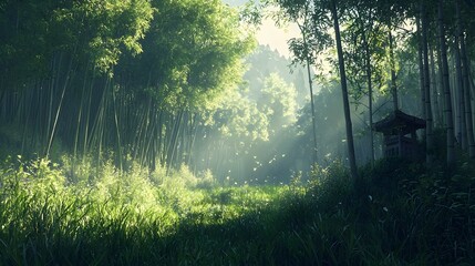 Serene Bamboo Forest with Soft Diffused Light Filtering Through Tall Green Stalks
