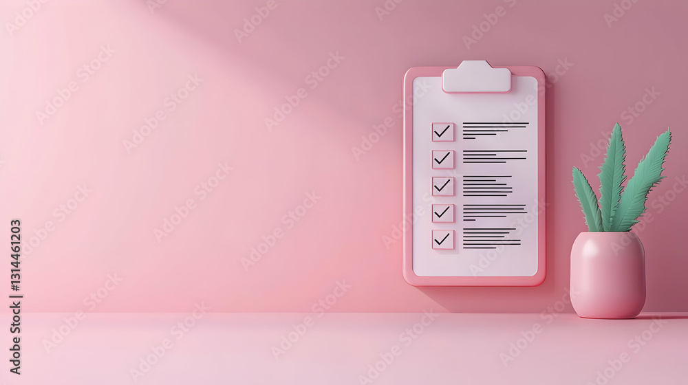 Poster 3d render of a pink clipboard with checkmarks and a plant on a pink background in a minimalist style