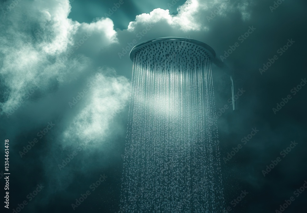 Poster dramatic showerhead emitting water in atmospheric cloudy setting with soft rays of light and mysteri