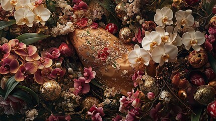 Golden textile amidst orchids and gilded spheres