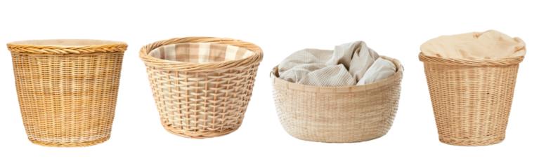 Featuring a linen liner, the round woven laundry basket is an ideal choice for those seeking a stylish way to organize and store their clothes, isolated on a transparent background in png format
