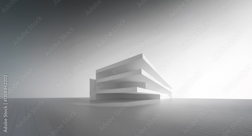Aufkleber modern white building with geometric, layered levels against a blurred grey backdrop. minimalist arc