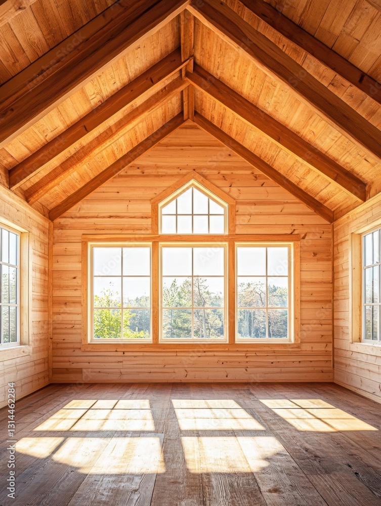 Poster serene wooden cabin interior with natural light streaming through windows creating a warm and inviti
