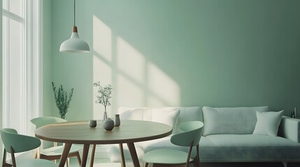 Serene Scandinavian Living Room with Soft Green Accents and Natural Light