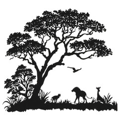 Silhouette of National Park Wildlife with Tree and Diverse Animals