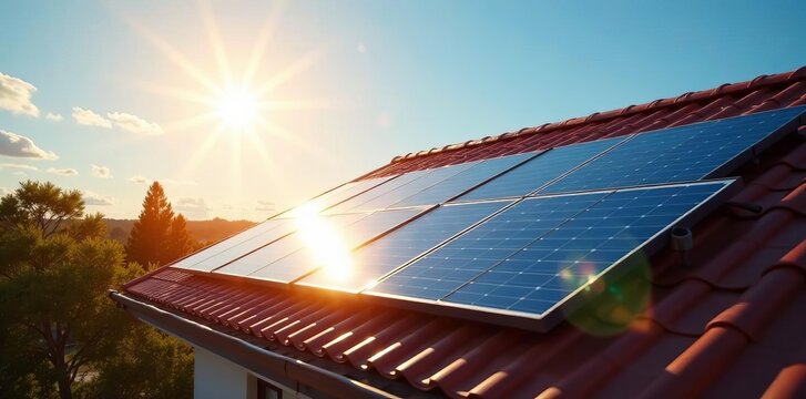 Bright sun shining on rows of solar panels on Australian house roof, renewable energy, sun