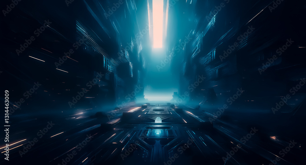 Poster a futuristic corridor with blue and dark hues, leading towards a radiant light source at the far end