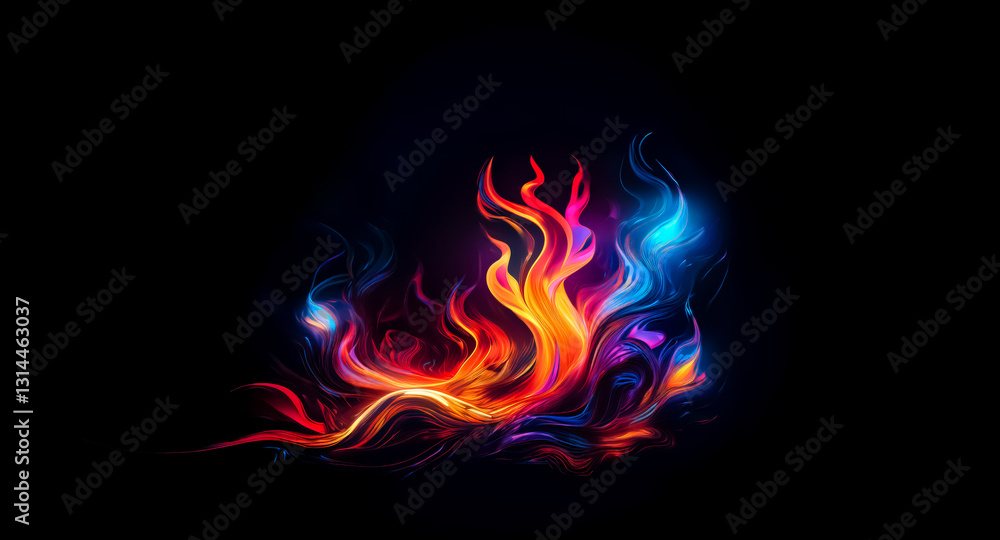 Poster vibrant abstract flames dance against a black backdrop. swirling patterns of red, orange, blue, and 