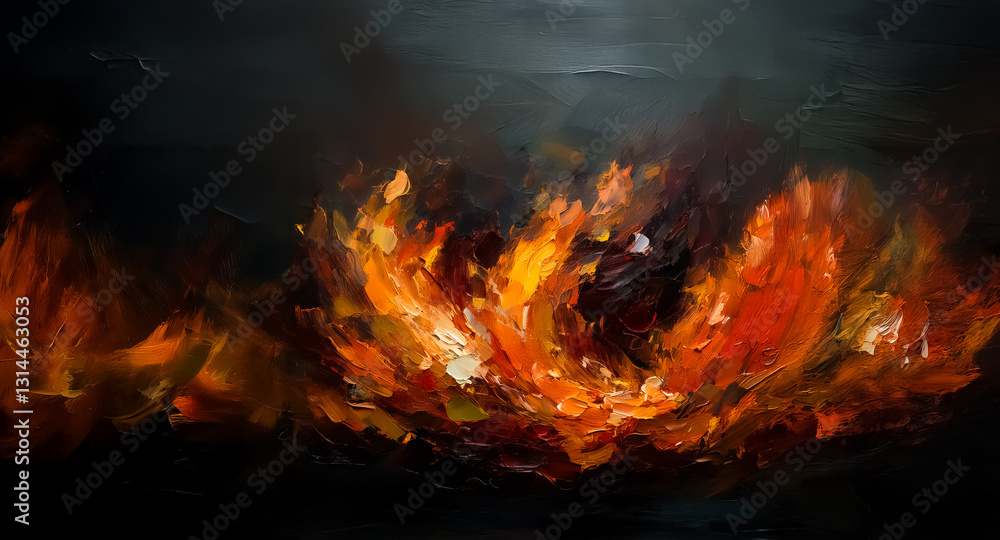 Leinwandbilder a vivid painting depicts a fiery blaze with dynamic brushstrokes against a shadowy backdrop, creatin