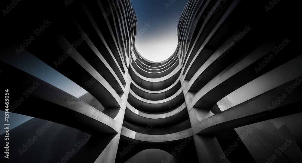 Poster dramatic low angle shot looking up at a modern building with curved levels creating a sense of depth
