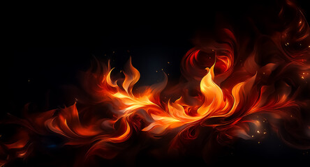 Fototapeta premium Vivid flames dance against a dark backdrop, creating a dynamic display of fiery energy. Swirling shapes evoke movement and intensity, glowing with warmth and light.