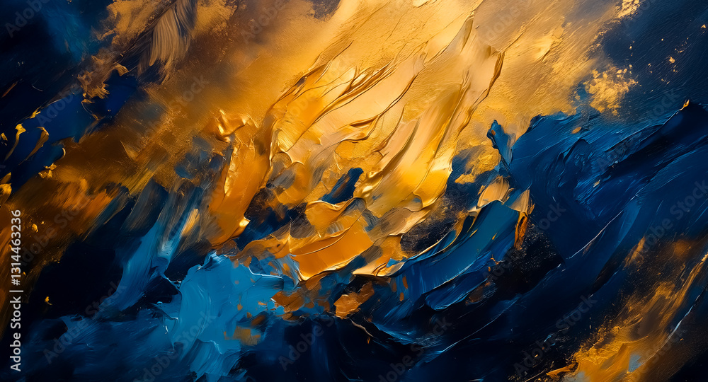 Aufkleber Abstract painting with bold brushstrokes in gold and blue colors, creating a dynamic and textured composition with rich hues.