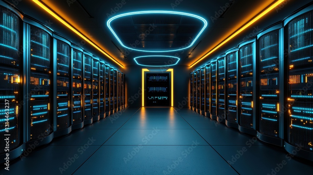 Poster glowing high-tech ai circuits forming a futuristic data processing center, sci-fi ui background