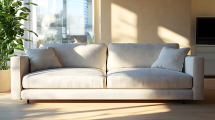 Sleek and Modern Living Room Bathed in Warm Natural Light Featuring Elegant Sofa and Indoor Plants