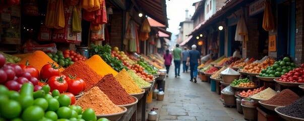 Obraz premium Busy local market in Nepal with colorful fruits, vegetables, and spices for sale, vegetables, spices
