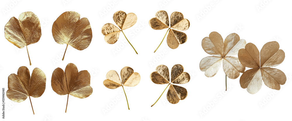 Poster this png image features a golden four-leaf clover with natural texture, symbolizing prosperity and g