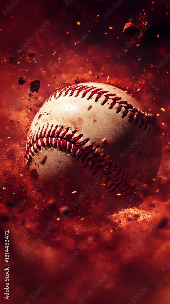 Aufkleber baseball exploding on a red background generating dust and debris, perfect for sports and competitio