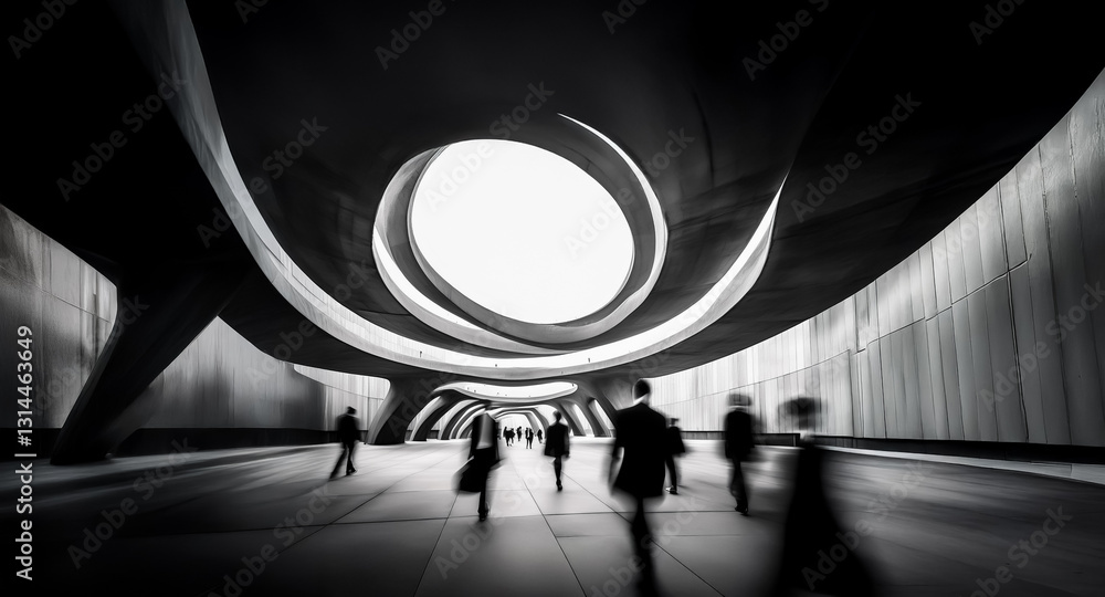 Leinwandbilder Futuristic tunnel with abstract architecture and blurry figures in motion.  Black and white tones enhance the modern and dynamic atmosphere.  A sense of movement and depth is conveyed.