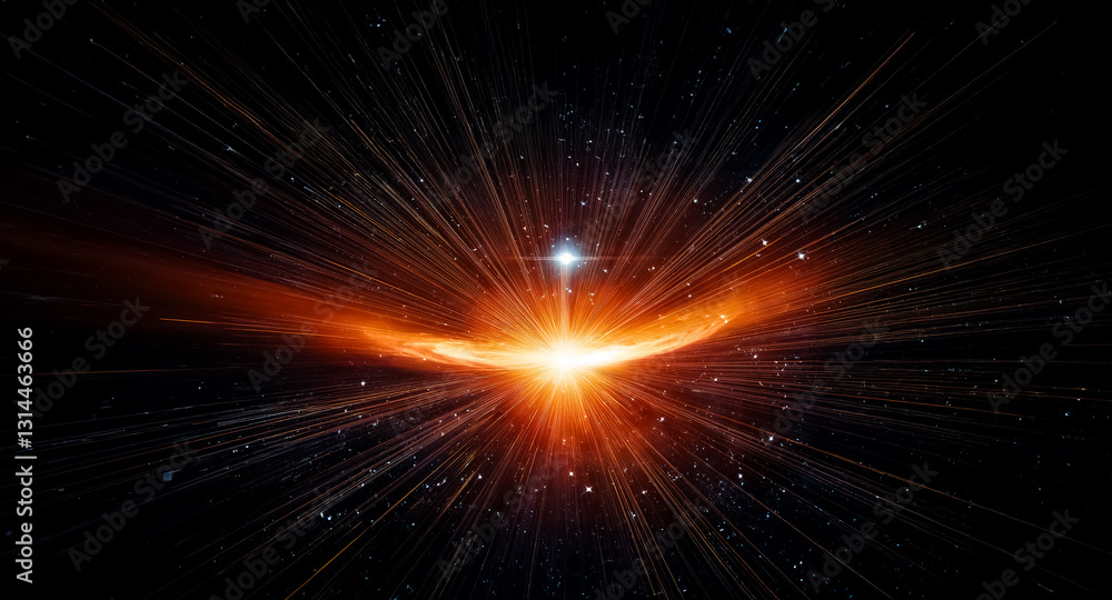 Poster intense light erupts from the core, casting bright rays across the dark expanse. an orange cosmic gl