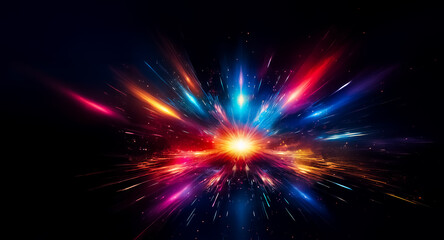 Fototapeta premium Vibrant burst of light erupts from a central point, radiating outwards in streaks of blue, red, orange, and purple against a dark backdrop. Energetic and dynamic.