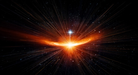 Intense light erupts from the core, casting bright rays across the dark expanse. An orange cosmic glow emanates, highlighting the stellar spectacle.