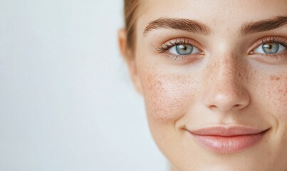 Young Woman Portrait with Freckles and Blue Eyes