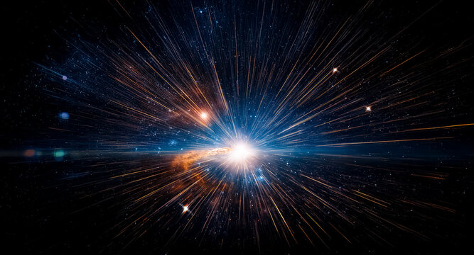 Radiating blue and orange light bursts from a central point, illuminating the dark expanse.  A cosmic energy explosion in the vastness of space.