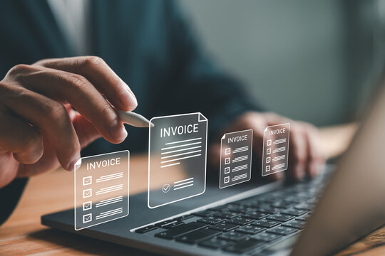Invoice for payment, digital invoice document, e-invoice and Digital billing concept, man using laptop to manage electronic statements. E-tax, Online invoice processing and tax accounting solutions.
